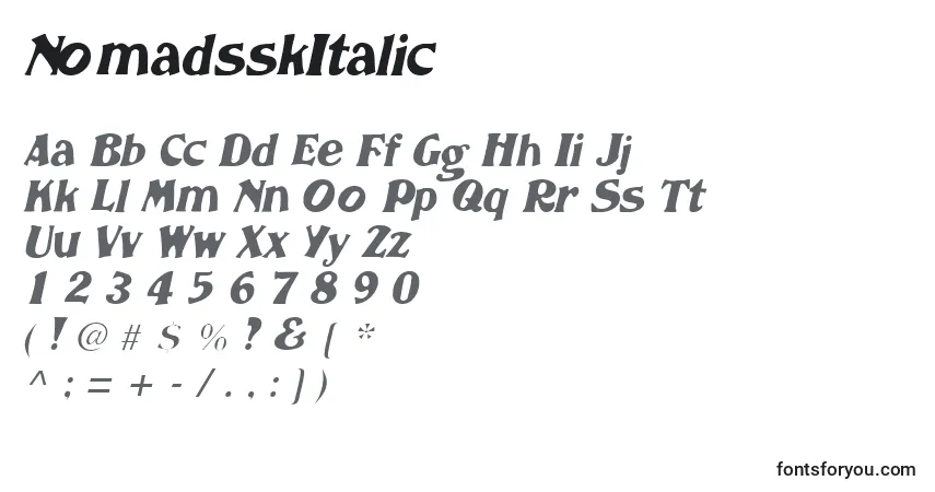 Schriftart NomadsskItalic – Alphabet, Zahlen, spezielle Symbole