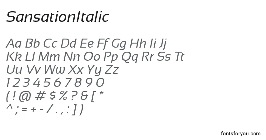 A fonte SansationItalic – alfabeto, números, caracteres especiais