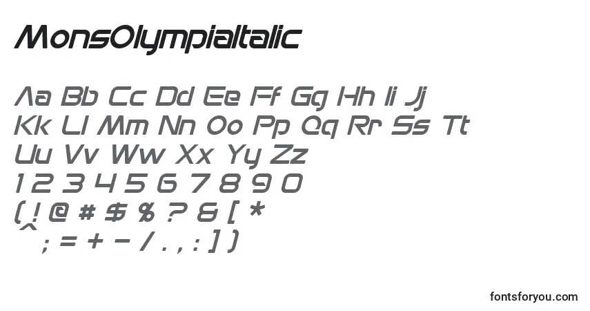 Schriftart MonsOlympiaItalic – Alphabet, Zahlen, spezielle Symbole