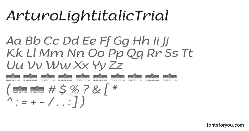 Czcionka ArturoLightitalicTrial – alfabet, cyfry, specjalne znaki