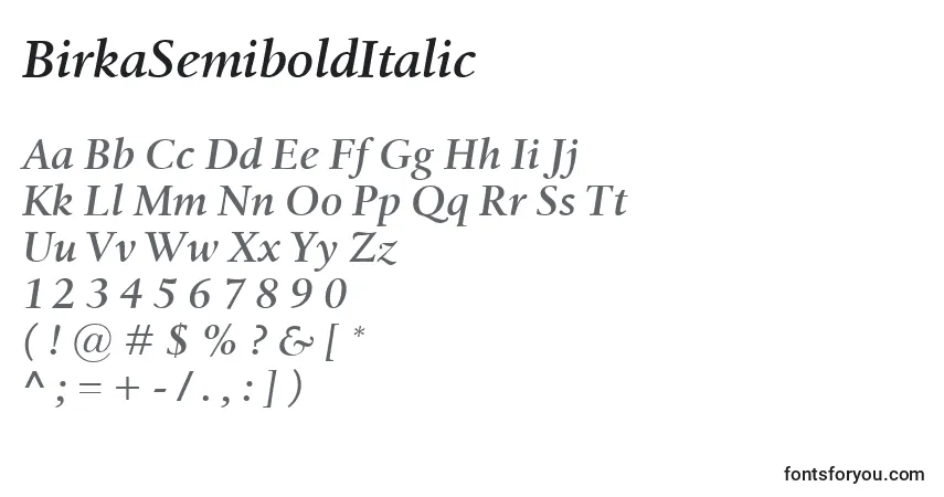 A fonte BirkaSemiboldItalic – alfabeto, números, caracteres especiais