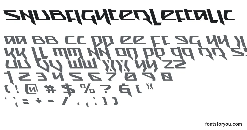 Шрифт SnubfighterLeftalic – алфавит, цифры, специальные символы