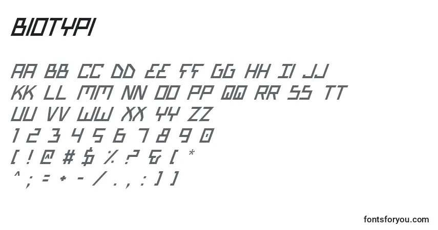 Schriftart Biotypi – Alphabet, Zahlen, spezielle Symbole