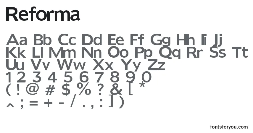 Czcionka Reforma – alfabet, cyfry, specjalne znaki