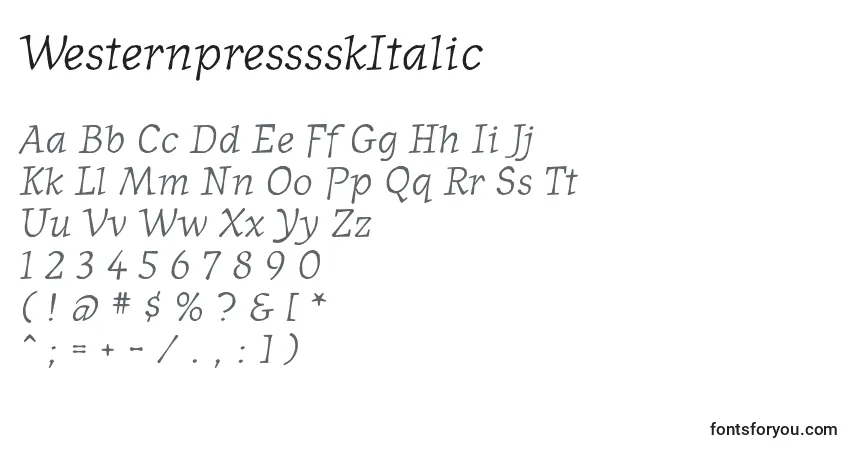 Czcionka WesternpresssskItalic – alfabet, cyfry, specjalne znaki