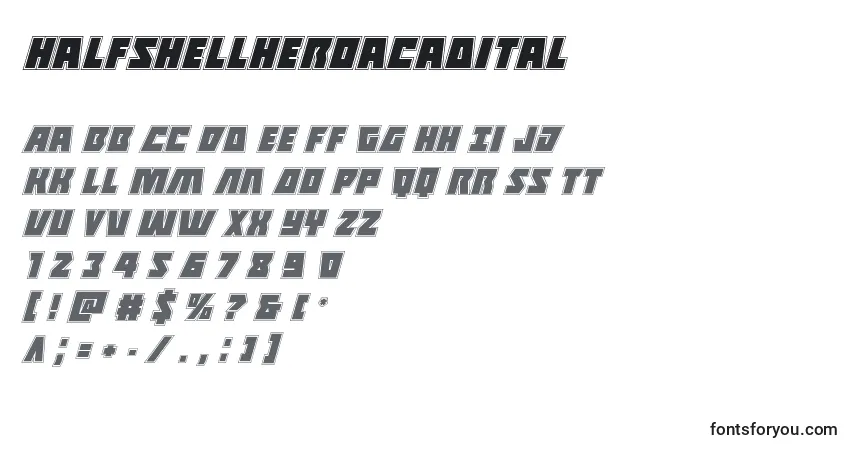 Schriftart Halfshellheroacadital – Alphabet, Zahlen, spezielle Symbole