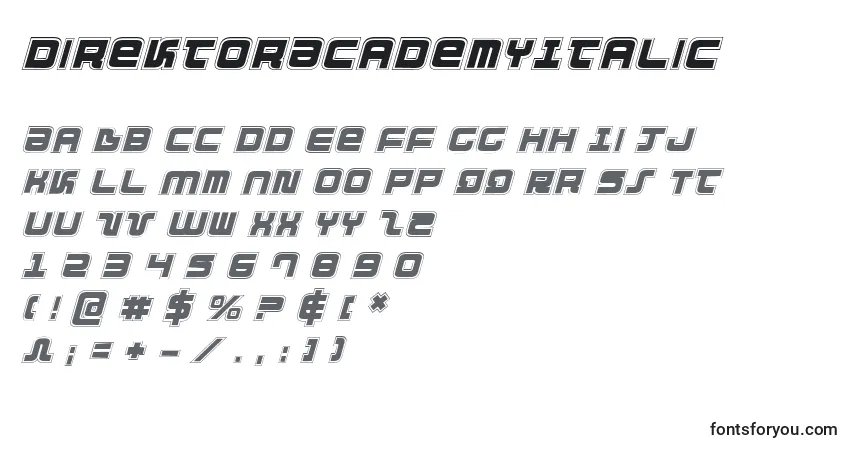 Czcionka DirektorAcademyItalic – alfabet, cyfry, specjalne znaki