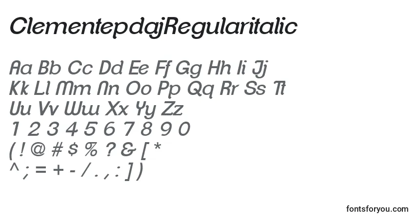 Czcionka ClementepdajRegularitalic – alfabet, cyfry, specjalne znaki