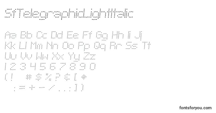 A fonte SfTelegraphicLightItalic – alfabeto, números, caracteres especiais