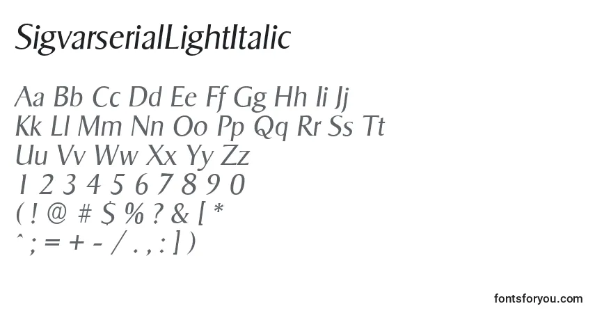 Schriftart SigvarserialLightItalic – Alphabet, Zahlen, spezielle Symbole