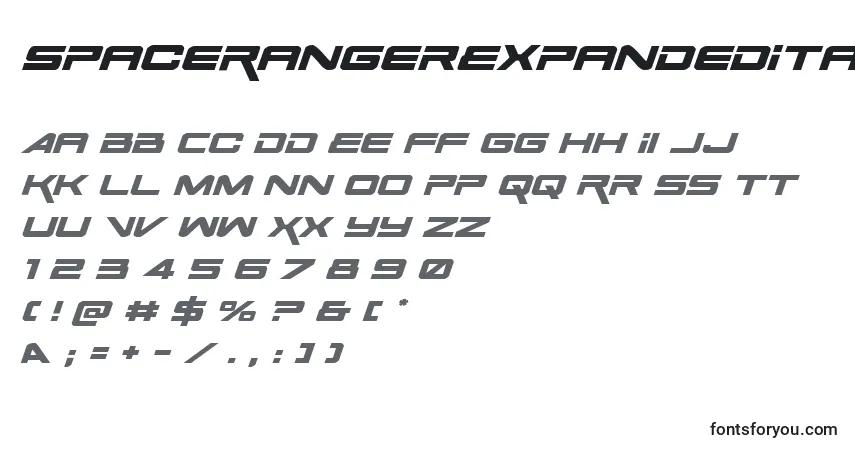 A fonte SpaceRangerExpandedItalic – alfabeto, números, caracteres especiais