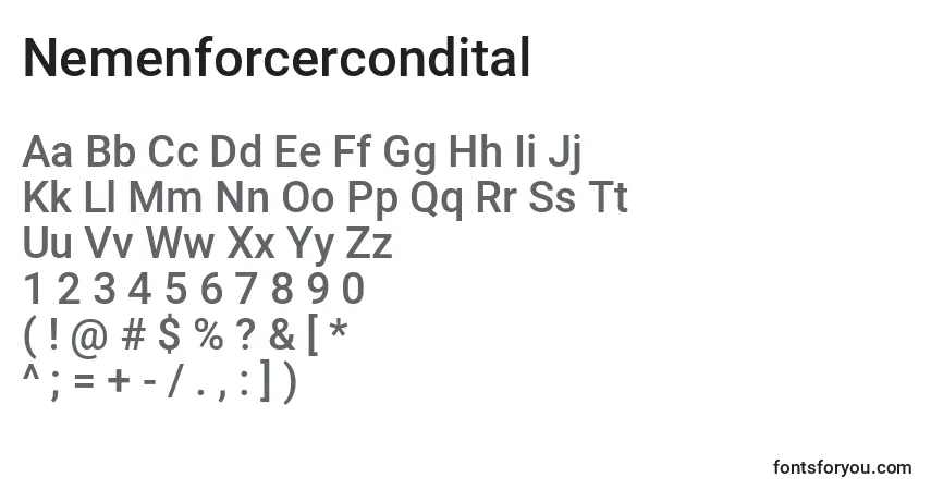 Schriftart Nemenforcercondital – Alphabet, Zahlen, spezielle Symbole