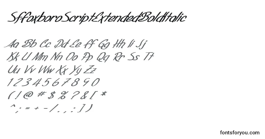 A fonte SfFoxboroScriptExtendedBoldItalic – alfabeto, números, caracteres especiais