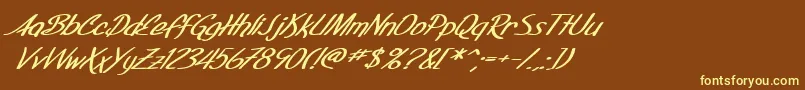 SfFoxboroScriptExtendedBoldItalic-fontti – keltaiset fontit ruskealla taustalla