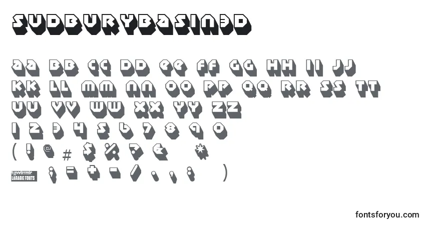 Schriftart Sudburybasin3D – Alphabet, Zahlen, spezielle Symbole