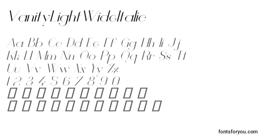 Czcionka VanityLightWideItalic – alfabet, cyfry, specjalne znaki