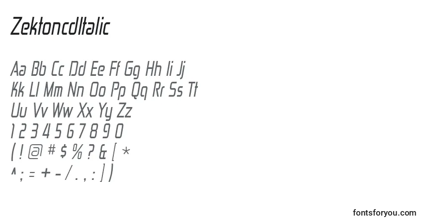 Schriftart ZektoncdItalic – Alphabet, Zahlen, spezielle Symbole