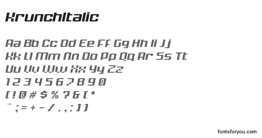 Schriftart KrunchItalic – Alphabet, Zahlen, spezielle Symbole