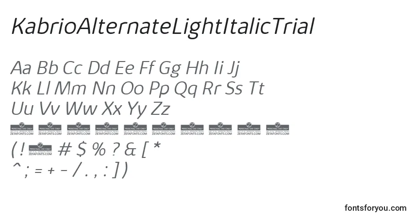 A fonte KabrioAlternateLightItalicTrial – alfabeto, números, caracteres especiais