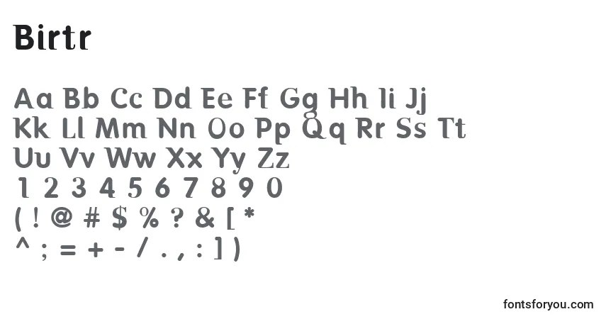 Czcionka Birtr – alfabet, cyfry, specjalne znaki