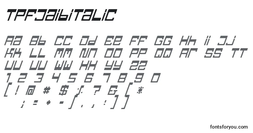 Czcionka TpfJaibItalic – alfabet, cyfry, specjalne znaki