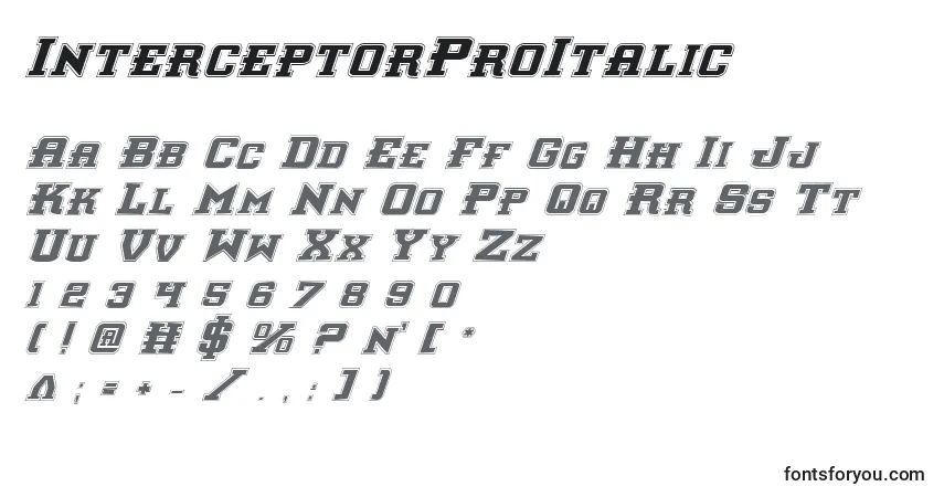 Schriftart InterceptorProItalic – Alphabet, Zahlen, spezielle Symbole