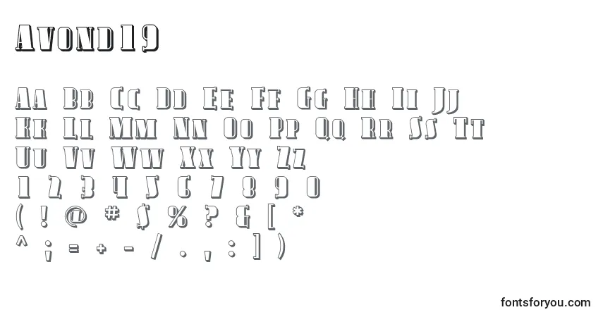 Czcionka Avond19 – alfabet, cyfry, specjalne znaki