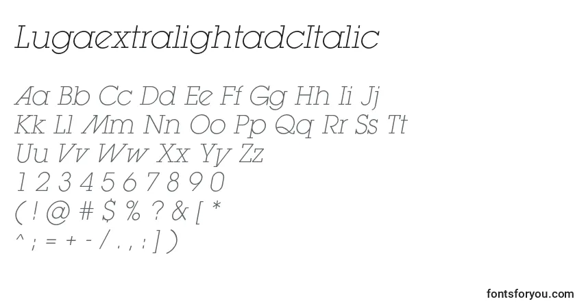 Schriftart LugaextralightadcItalic – Alphabet, Zahlen, spezielle Symbole