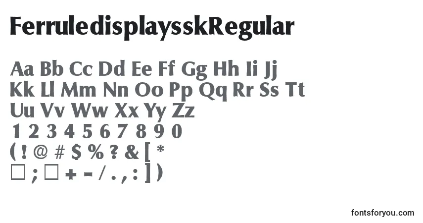 A fonte FerruledisplaysskRegular – alfabeto, números, caracteres especiais