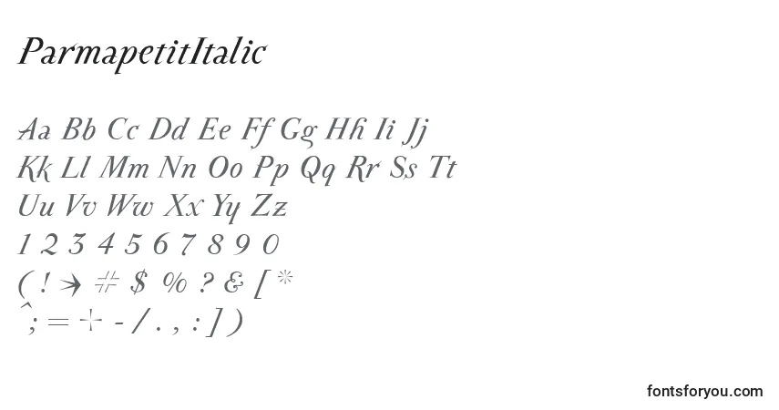 Schriftart ParmapetitItalic – Alphabet, Zahlen, spezielle Symbole