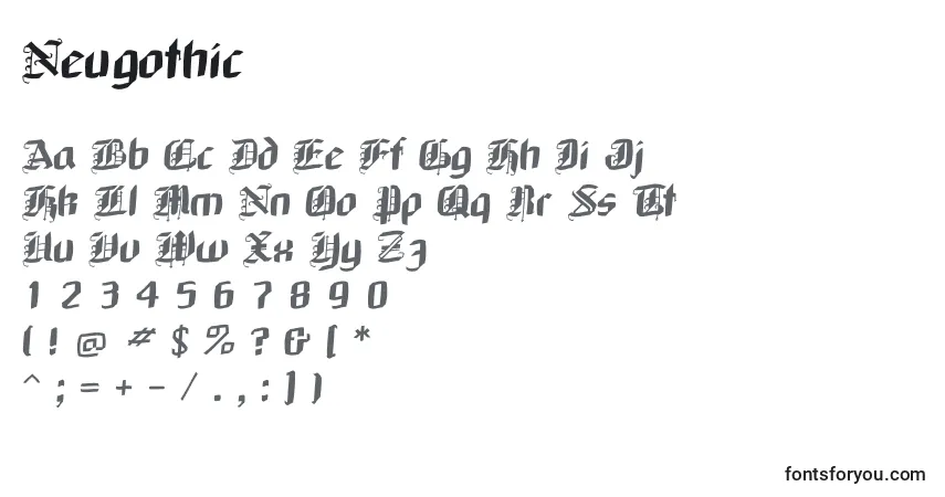 Czcionka Neugothic – alfabet, cyfry, specjalne znaki