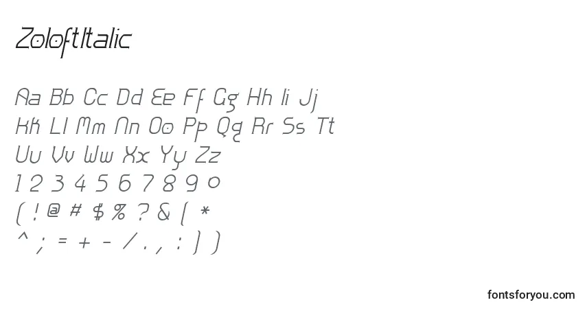 ZoloftItalicフォント–アルファベット、数字、特殊文字