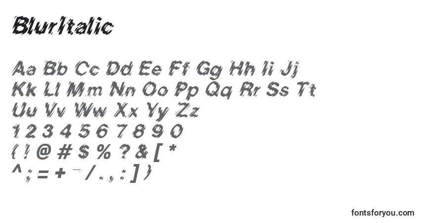 Schriftart BlurItalic – Alphabet, Zahlen, spezielle Symbole