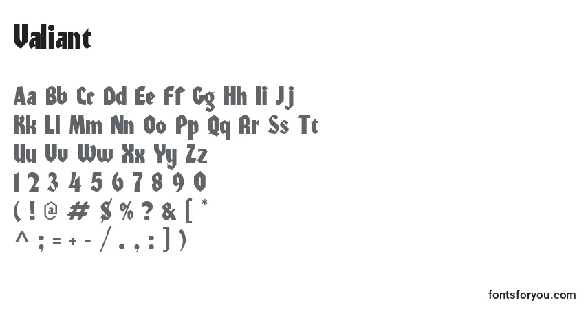 Czcionka Valiant – alfabet, cyfry, specjalne znaki