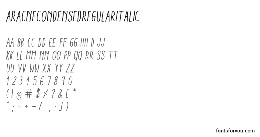 Schriftart AracneCondensedRegularItalic – Alphabet, Zahlen, spezielle Symbole