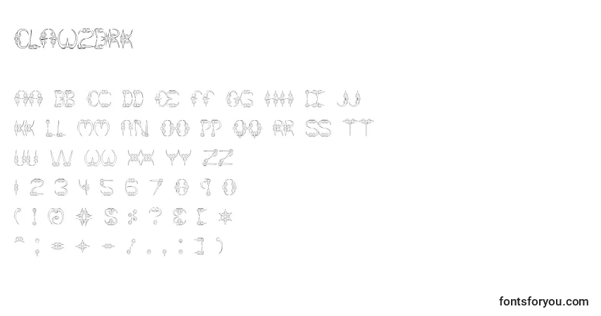 Czcionka Claw2Brk – alfabet, cyfry, specjalne znaki