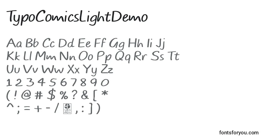 Шрифт TypoComicsLightDemo – алфавит, цифры, специальные символы