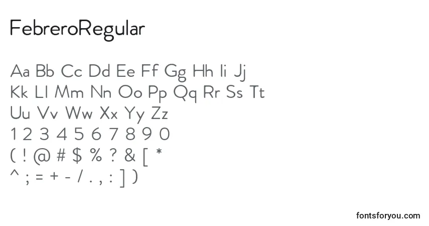 Schriftart FebreroRegular – Alphabet, Zahlen, spezielle Symbole