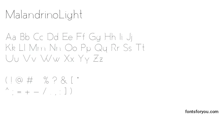 Шрифт MalandrinoLight – алфавит, цифры, специальные символы