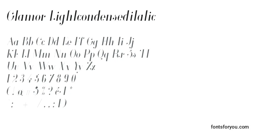 Шрифт Glamor Lightcondenseditalic – алфавит, цифры, специальные символы