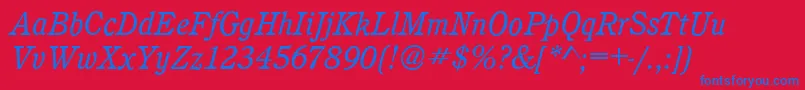 CalgaryBookitalic-Schriftart – Blaue Schriften auf rotem Hintergrund