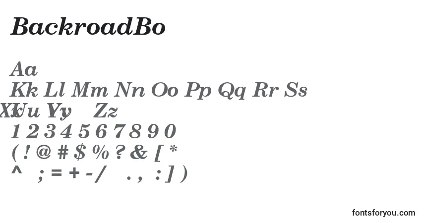 Schriftart BackroadBoldItalic – Alphabet, Zahlen, spezielle Symbole