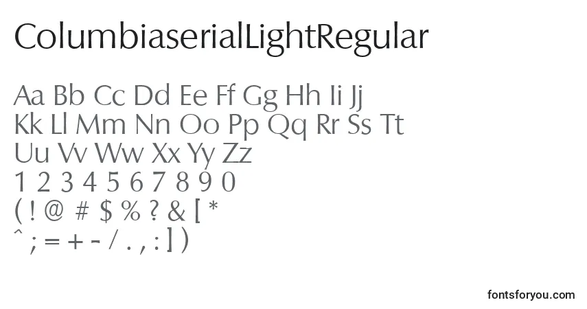 Czcionka ColumbiaserialLightRegular – alfabet, cyfry, specjalne znaki