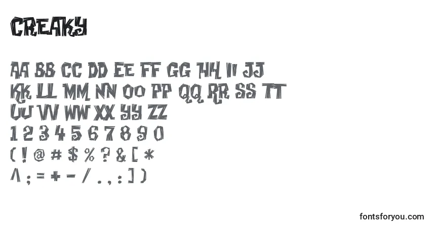 A fonte Creaky – alfabeto, números, caracteres especiais