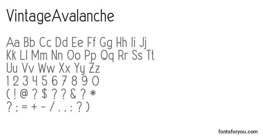 Czcionka VintageAvalanche – alfabet, cyfry, specjalne znaki