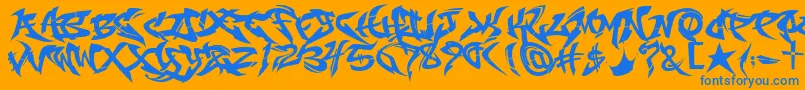 RaseoneOriginal-Schriftart – Blaue Schriften auf orangefarbenem Hintergrund