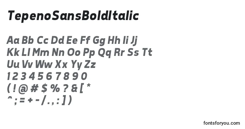 Шрифт TepenoSansBoldItalic – алфавит, цифры, специальные символы