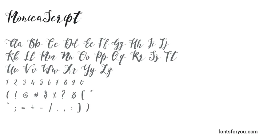A fonte MonicaScript – alfabeto, números, caracteres especiais