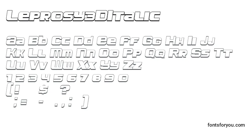 Czcionka Leprosy3DItalic – alfabet, cyfry, specjalne znaki
