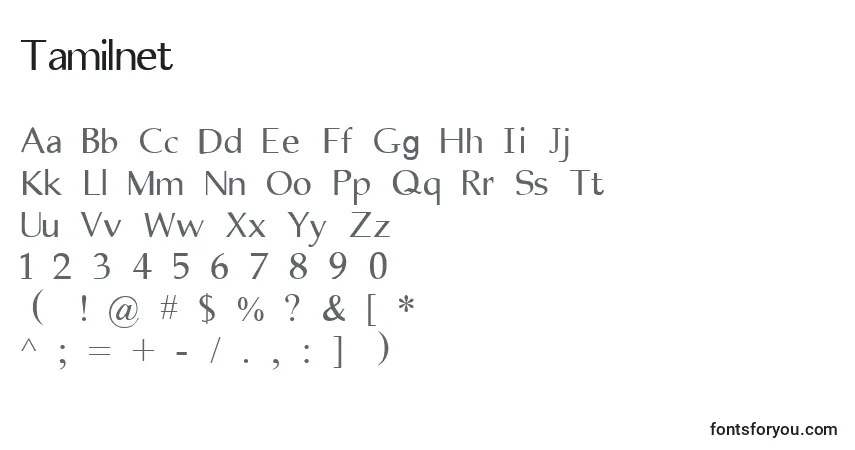 A fonte Tamilnet – alfabeto, números, caracteres especiais